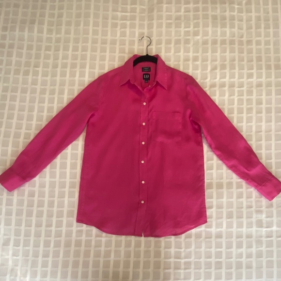 100% Linen Oversized Button Down Shirt Bright Pink Excellent Condition - Picture 1 of 11